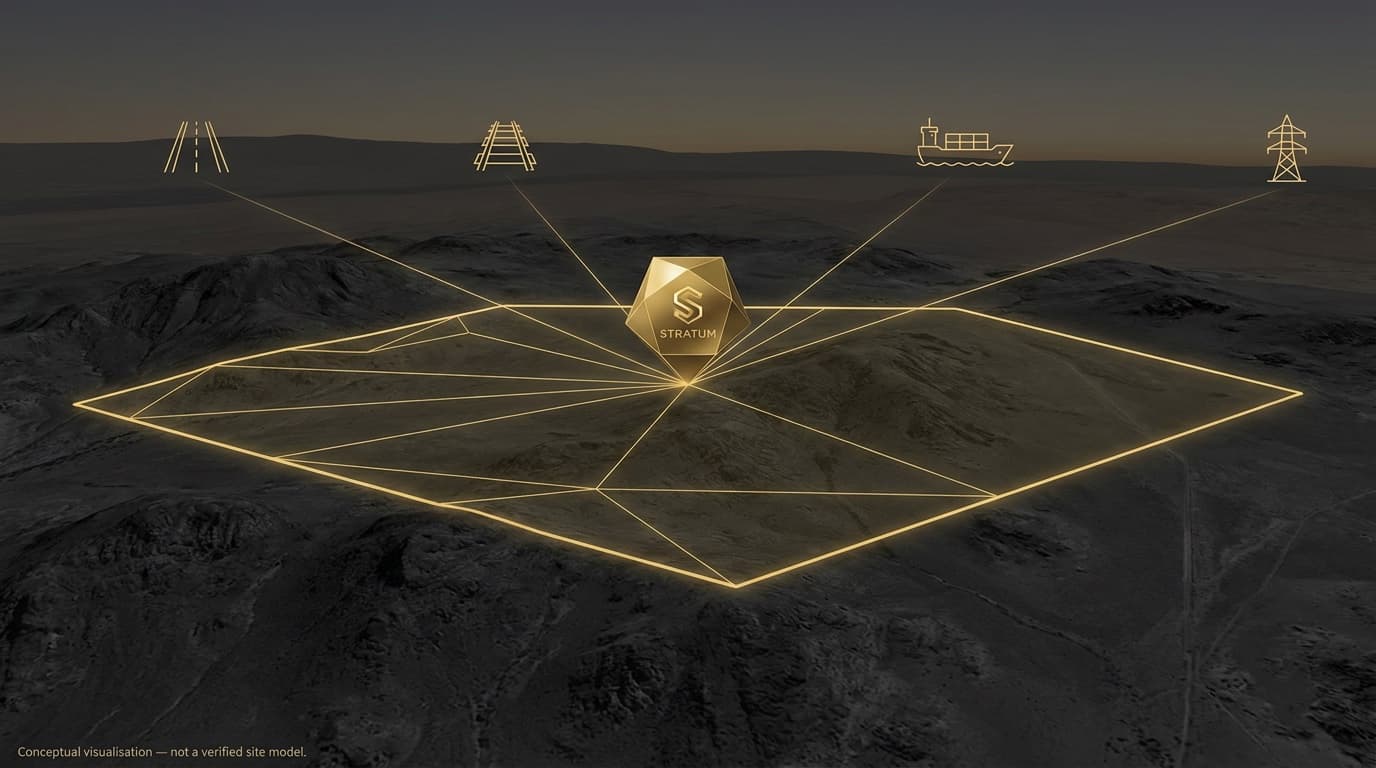 Conceptual 3D deep-dive of a mining concession